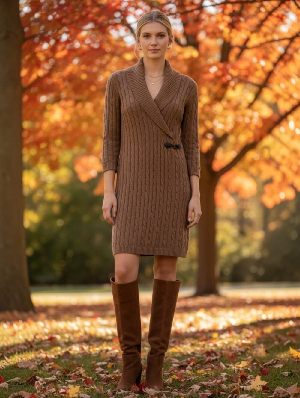 Calvin Klein Tan Cable Knit Shawl Collar Sweater Dress Faux Leather Buckle XL